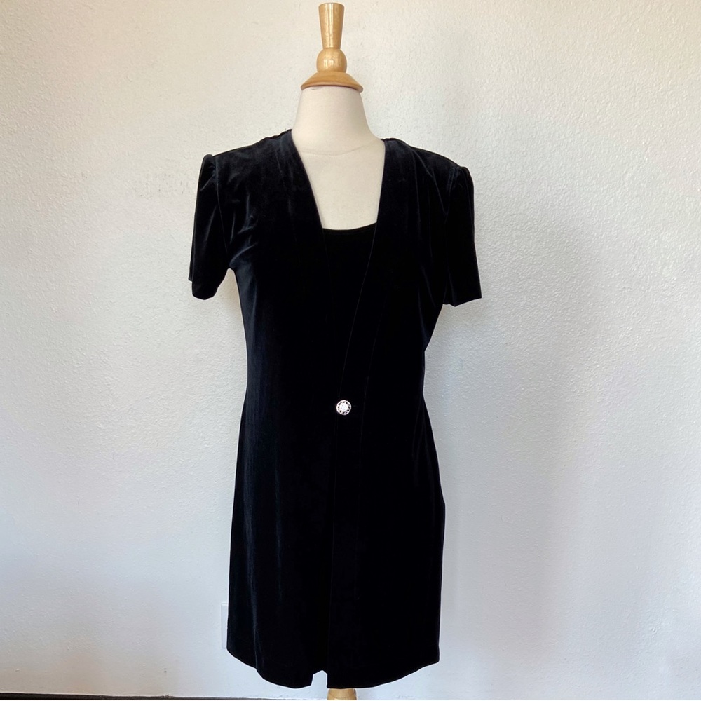 Vintage 90’s Solid Black Velvet Mock Cardigan Short Sleeve Cocktail Dress